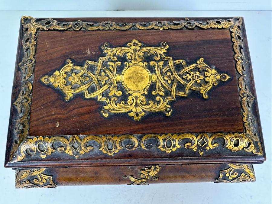 Antique Burled Walnut Footed Sewing Jewelry Desk Box With Metal Ornamentation See Photos For Damage 10.5'W X 7'D X 5'H [Photo 3]
