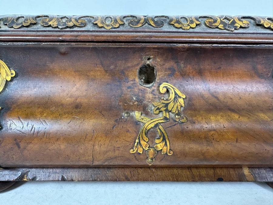 Antique Burled Walnut Footed Sewing Jewelry Desk Box With Metal Ornamentation See Photos For Damage 10.5'W X 7'D X 5'H [Photo 4]