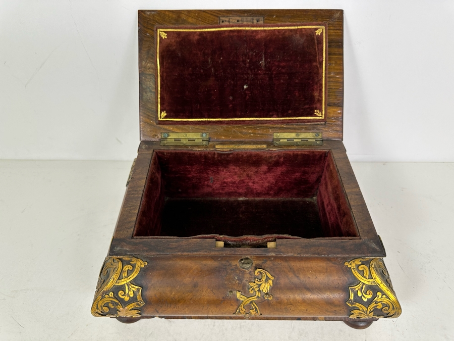 Antique Burled Walnut Footed Sewing Jewelry Desk Box With Metal Ornamentation See Photos For Damage 10.5'W X 7'D X 5'H [Photo 8]