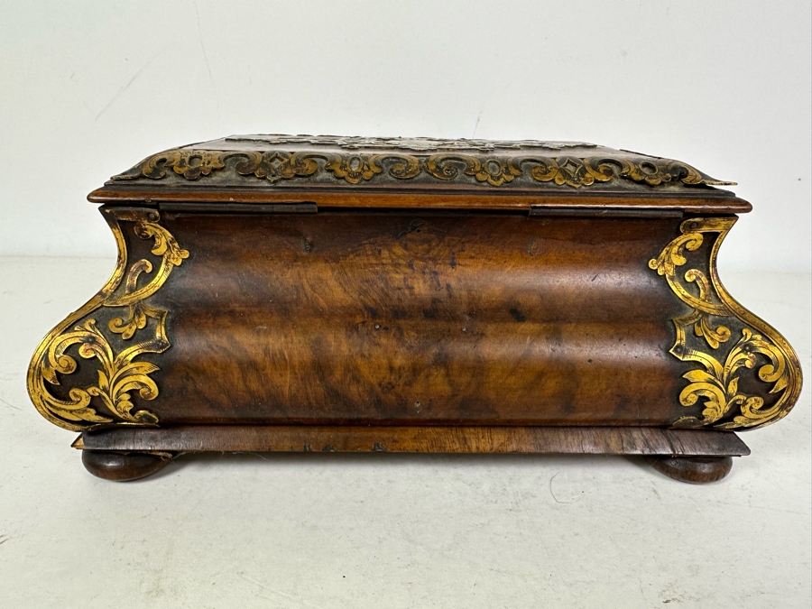 Antique Burled Walnut Footed Sewing Jewelry Desk Box With Metal Ornamentation See Photos For Damage 10.5'W X 7'D X 5'H [Photo 6]