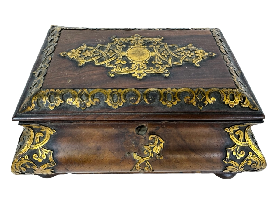 Antique Burled Walnut Footed Sewing Jewelry Desk Box With Metal Ornamentation See Photos For Damage 10.5'W X 7'D X 5'H [Photo 2]