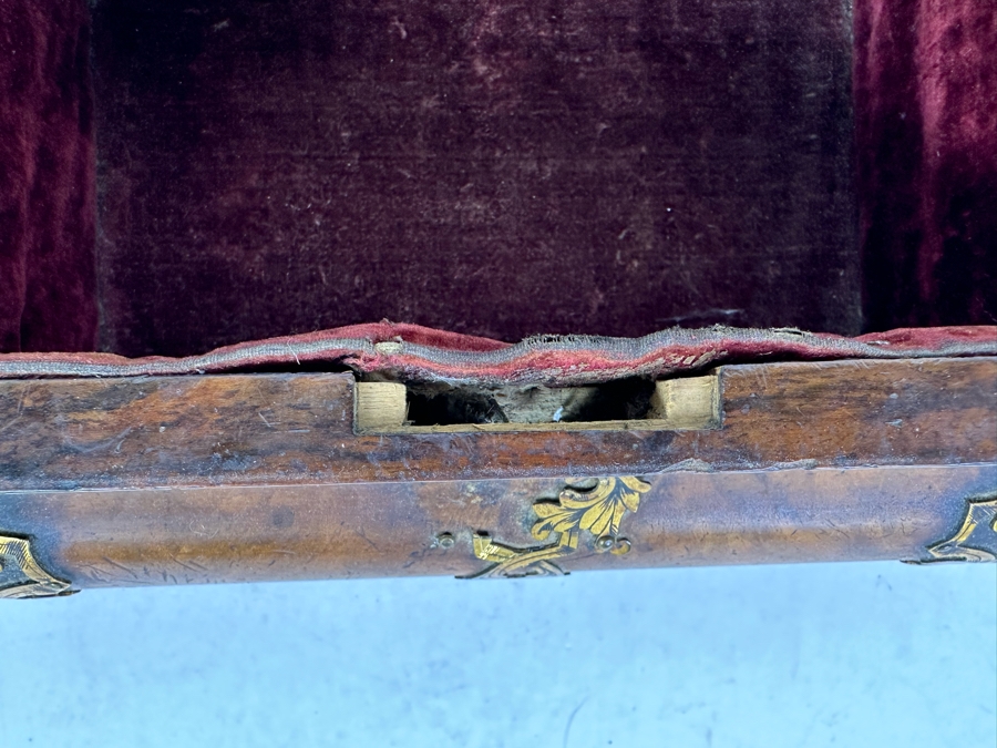 Antique Burled Walnut Footed Sewing Jewelry Desk Box With Metal Ornamentation See Photos For Damage 10.5'W X 7'D X 5'H [Photo 11]