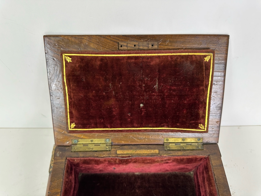 Antique Burled Walnut Footed Sewing Jewelry Desk Box With Metal Ornamentation See Photos For Damage 10.5'W X 7'D X 5'H [Photo 10]
