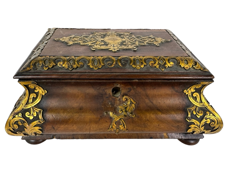 Antique Burled Walnut Footed Sewing Jewelry Desk Box With Metal Ornamentation See Photos For Damage 10.5'W X 7'D X 5'H [Photo 1]