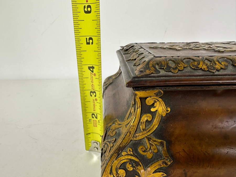 Antique Burled Walnut Footed Sewing Jewelry Desk Box With Metal Ornamentation See Photos For Damage 10.5'W X 7'D X 5'H [Photo 15]