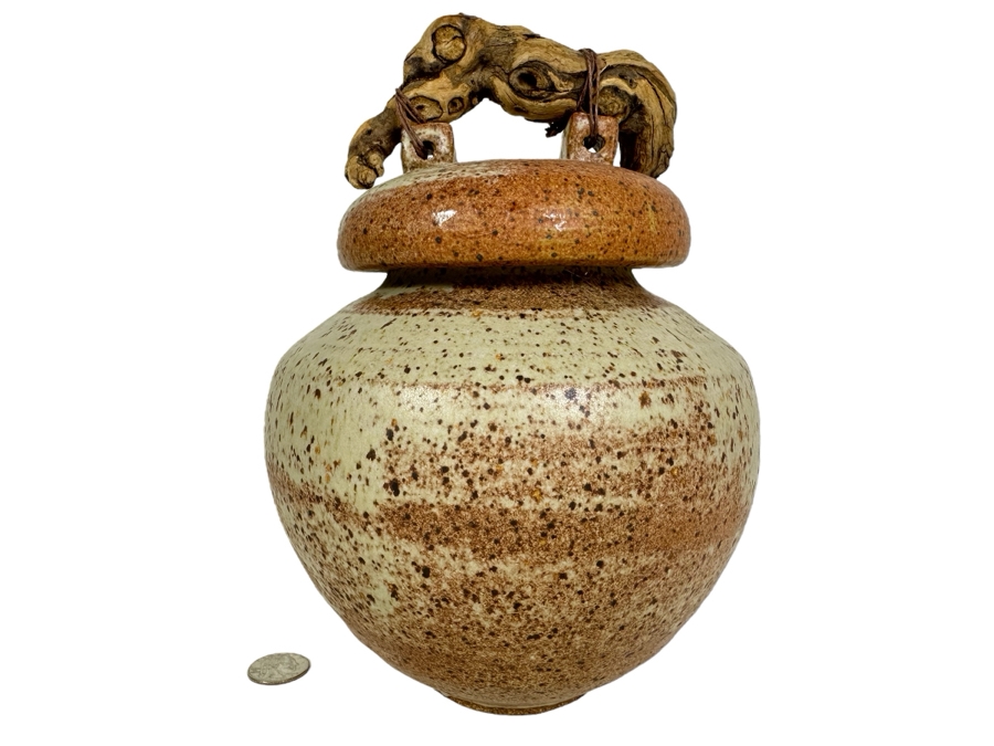 Signed Studio Pottery Jar With Lid And Driftwood Handle 9.5'H [Photo 1]