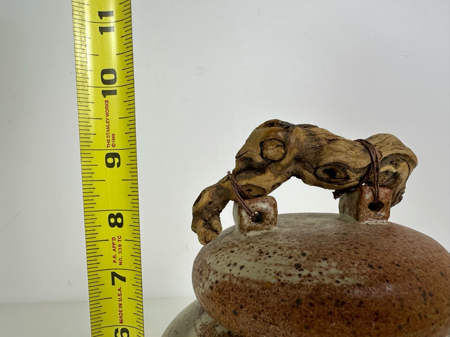 Signed Studio Pottery Jar With Lid And Driftwood Handle 9.5'H [Photo 7]