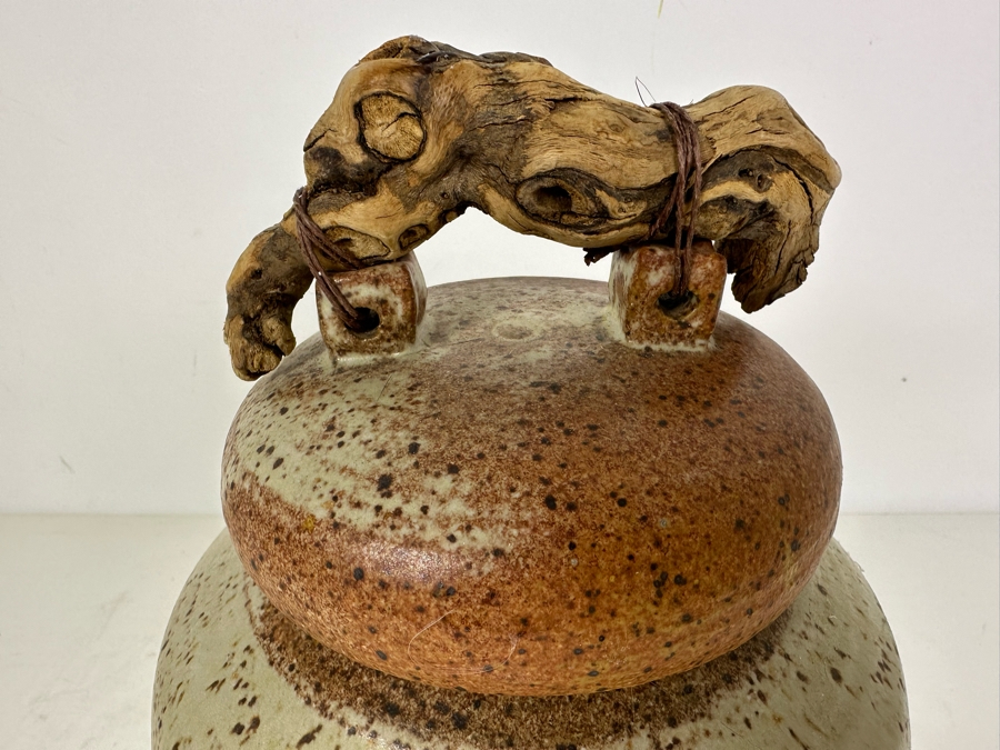 Signed Studio Pottery Jar With Lid And Driftwood Handle 9.5'H [Photo 2]
