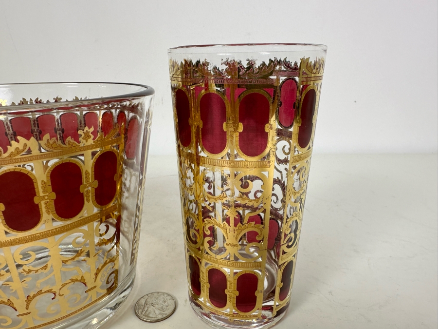 Vintage MCM Set Of 3 Culver Cranberry and 22 Carat Gold Glasses 4.75'H and 5.5'H x 2 [Photo 3]