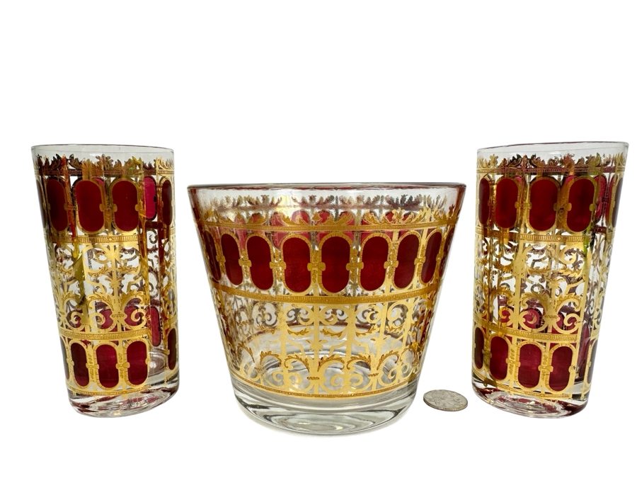 Vintage MCM Set Of 3 Culver Cranberry and 22 Carat Gold Glasses 4.75'H and 5.5'H x 2 [Photo 1]