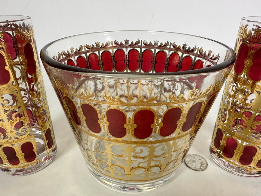 Vintage MCM Set Of 3 Culver Cranberry and 22 Carat Gold Glasses 4.75'H and 5.5'H x 2 [Photo 2]