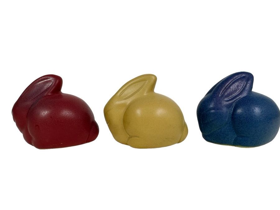 Set of 3 Signed Art Pottery Van Briggle Red, Yellow and Blue Bunny Rabbits [Photo 2]