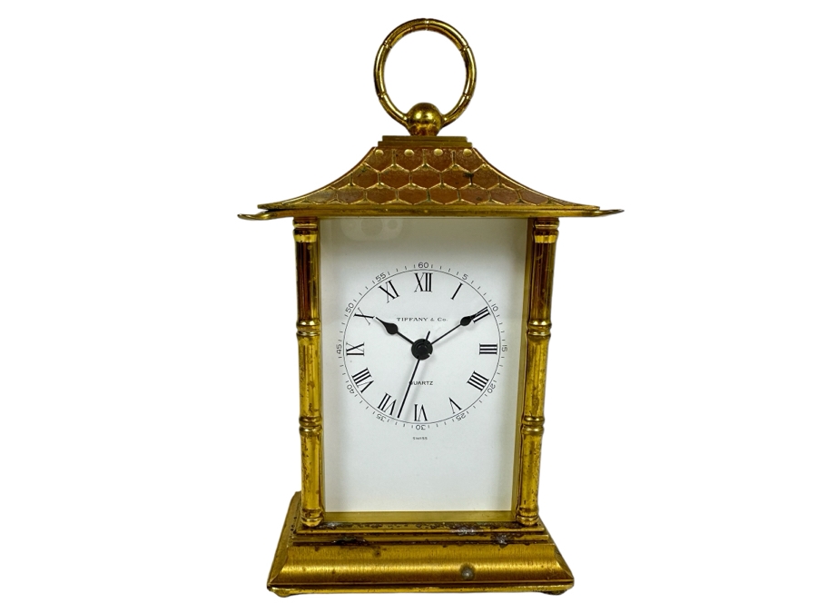 1980s Tiffany and Co. Brass Pagoda Clock, Not Working 4'W x 3'D x 8'H