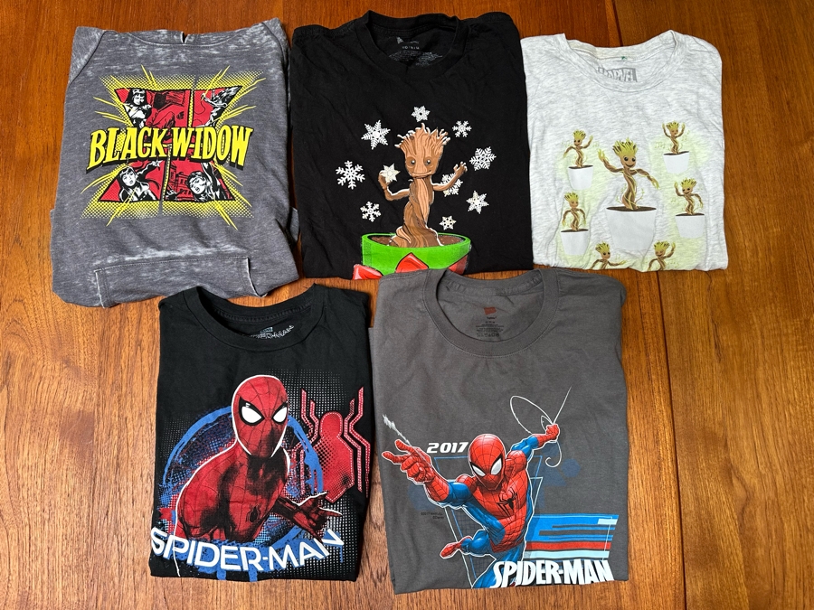 Five Marvel T-Shirts Spider-Man, Guardians Of The Galaxy Groot, Black Widow Sizes S,M & L [Photo 2]