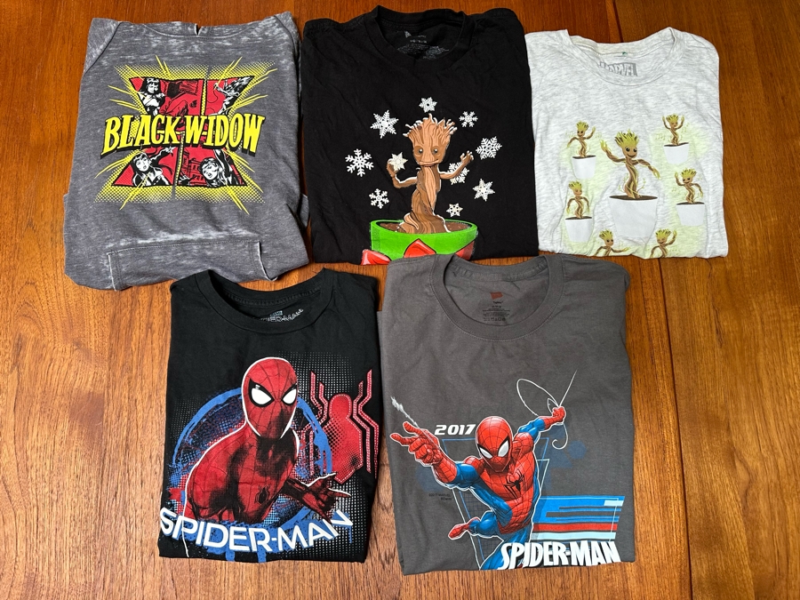 Five Marvel T-Shirts Spider-Man, Guardians Of The Galaxy Groot, Black Widow Sizes S,M & L