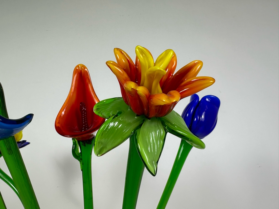 Art Glass Vase (8'H) with 5 Glass Flowers (19'H) [Photo 3]