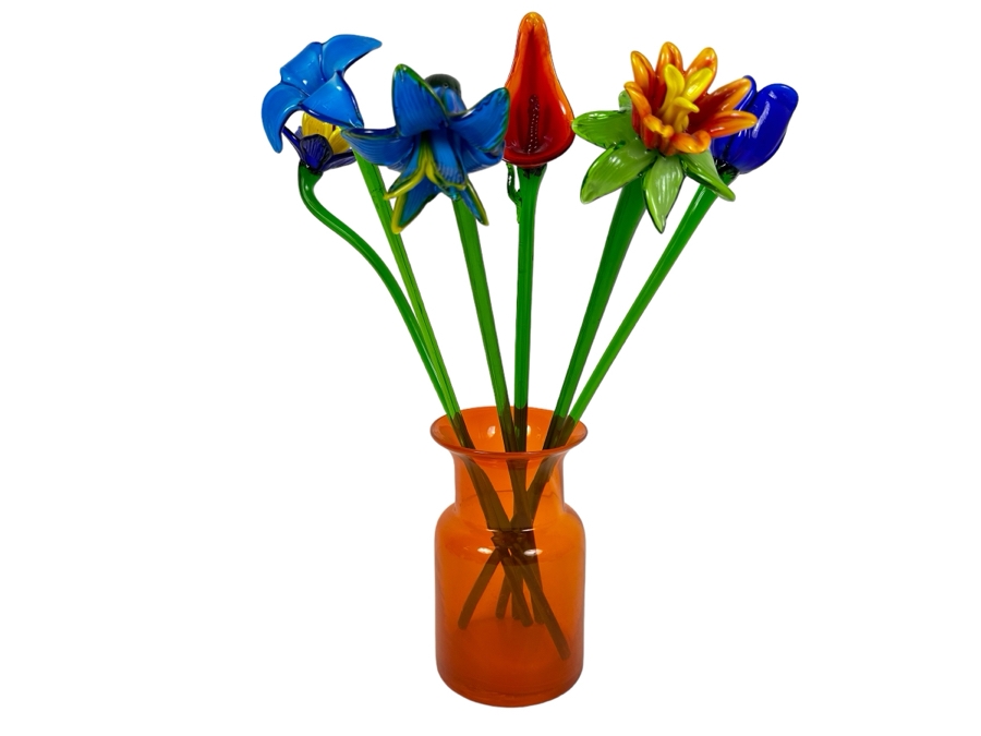 Art Glass Vase (8'H) with 5 Glass Flowers (19'H)