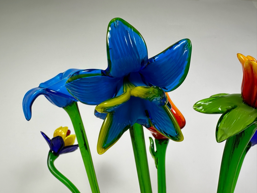 Art Glass Vase (8'H) with 5 Glass Flowers (19'H) [Photo 4]