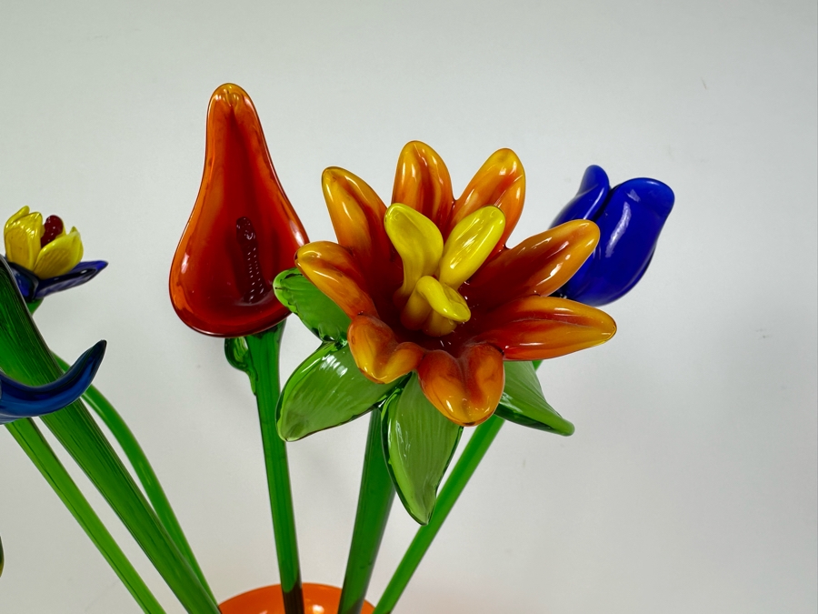 Art Glass Vase (8'H) with 5 Glass Flowers (19'H) [Photo 2]