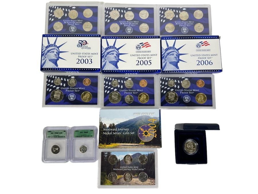 Coin Collection Featuring United States Mint Proof Sets For Years 2003, 2005 & 2006 Plus Graded 1961 Silver Dime & 1963 Nickel Plus 1999 Susan B. Anthony Proof Coin
