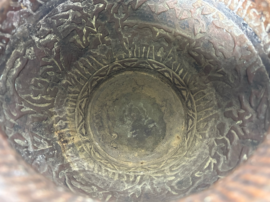 Large Islamic Middle Eastern Repousse Brass Vessel Pot With Pictorial Egyptian Scene Featuring Pyramids, Animals & People - See Photos 10'W X 9'H [Photo 21]