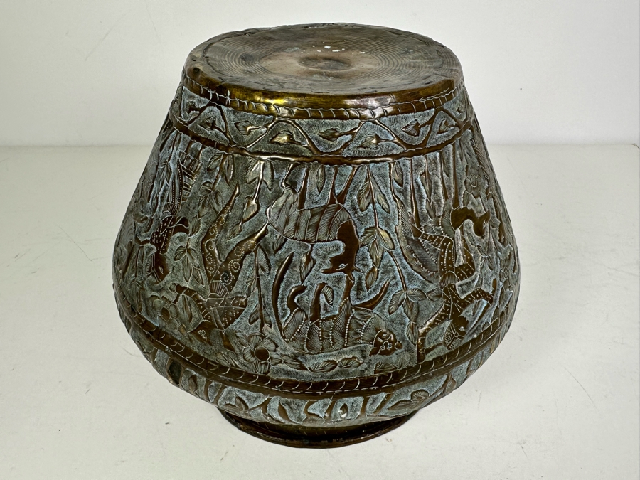 Large Islamic Middle Eastern Repousse Brass Vessel Pot With Pictorial Egyptian Scene Featuring Pyramids, Animals & People - See Photos 10'W X 9'H [Photo 22]