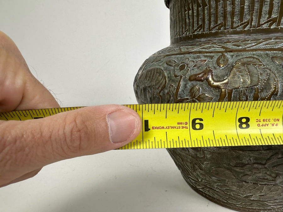 Large Islamic Middle Eastern Repousse Brass Vessel Pot With Pictorial Egyptian Scene Featuring Pyramids, Animals & People - See Photos 10'W X 9'H [Photo 24]