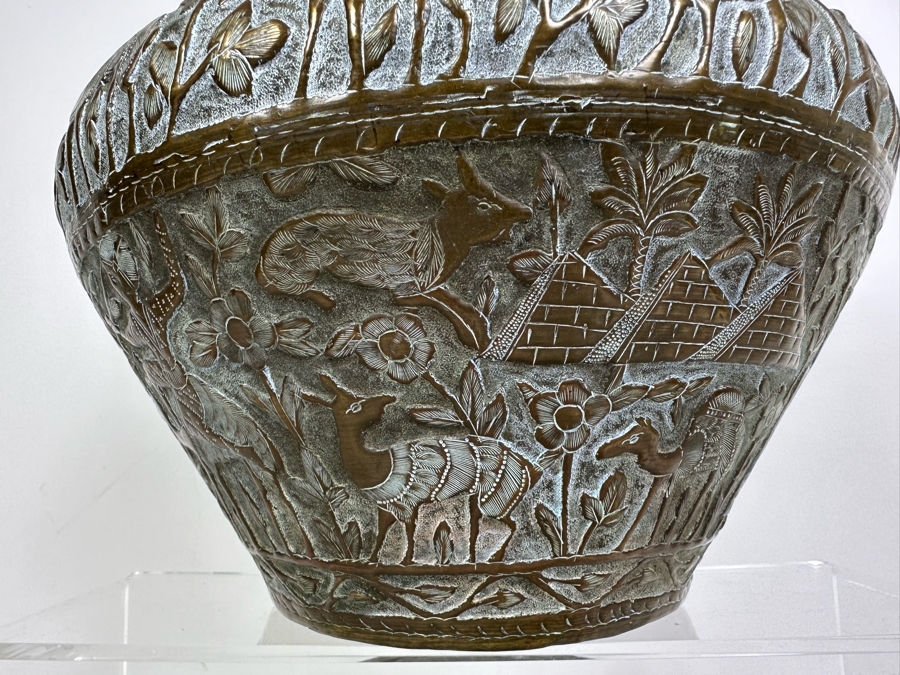 Large Islamic Middle Eastern Repousse Brass Vessel Pot With Pictorial Egyptian Scene Featuring Pyramids, Animals & People - See Photos 10'W X 9'H [Photo 7]