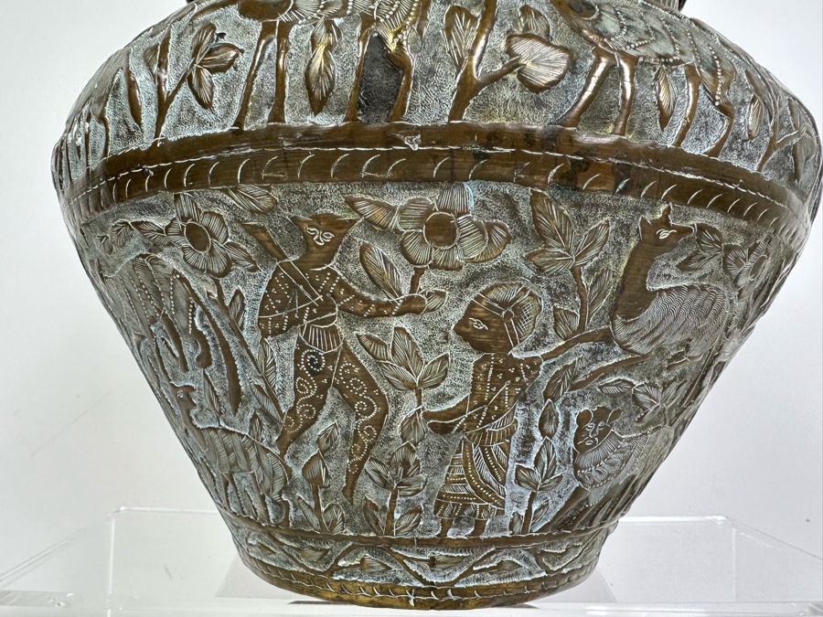 Large Islamic Middle Eastern Repousse Brass Vessel Pot With Pictorial Egyptian Scene Featuring Pyramids, Animals & People - See Photos 10'W X 9'H [Photo 16]