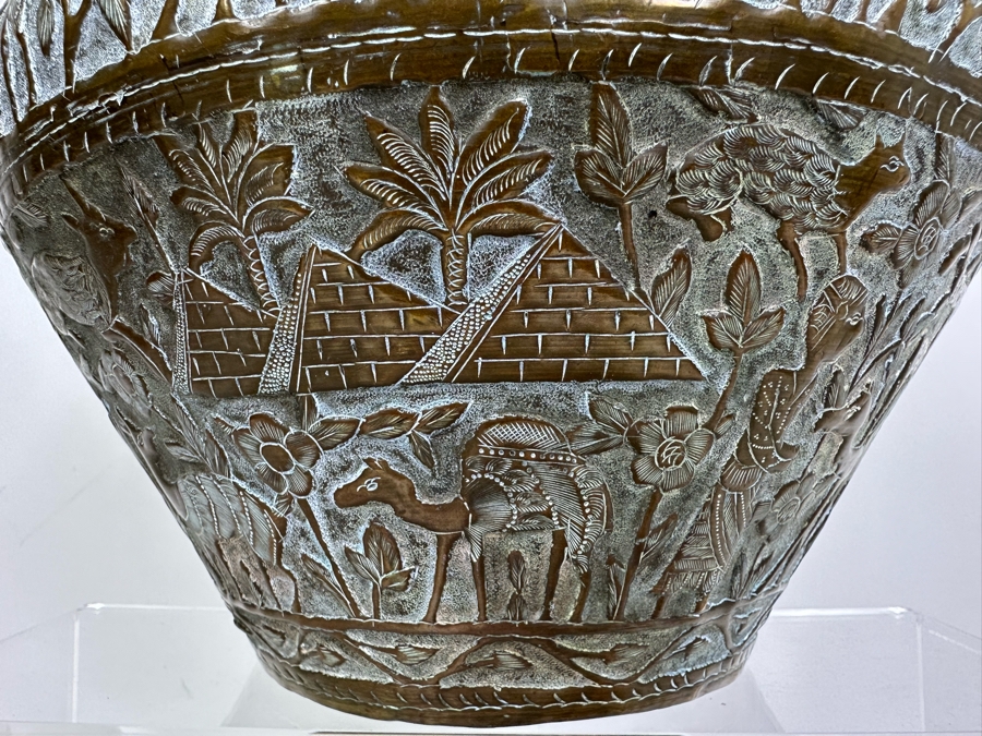 Large Islamic Middle Eastern Repousse Brass Vessel Pot With Pictorial Egyptian Scene Featuring Pyramids, Animals & People - See Photos 10'W X 9'H [Photo 10]