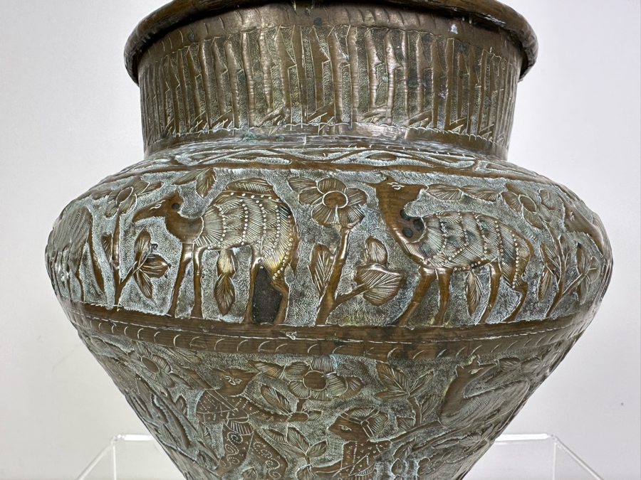 Large Islamic Middle Eastern Repousse Brass Vessel Pot With Pictorial Egyptian Scene Featuring Pyramids, Animals & People - See Photos 10'W X 9'H [Photo 17]