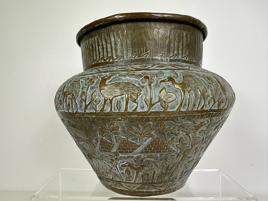 Large Islamic Middle Eastern Repousse Brass Vessel Pot With Pictorial Egyptian Scene Featuring Pyramids, Animals & People - See Photos 10'W X 9'H [Photo 9]