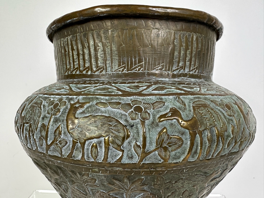 Large Islamic Middle Eastern Repousse Brass Vessel Pot With Pictorial Egyptian Scene Featuring Pyramids, Animals & People - See Photos 10'W X 9'H [Photo 11]