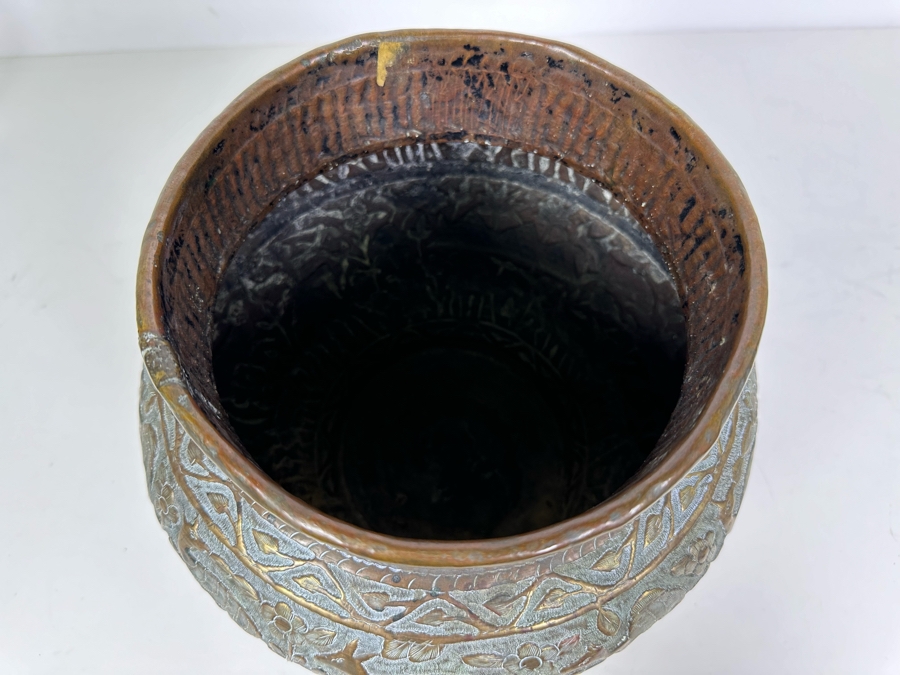 Large Islamic Middle Eastern Repousse Brass Vessel Pot With Pictorial Egyptian Scene Featuring Pyramids, Animals & People - See Photos 10'W X 9'H [Photo 20]