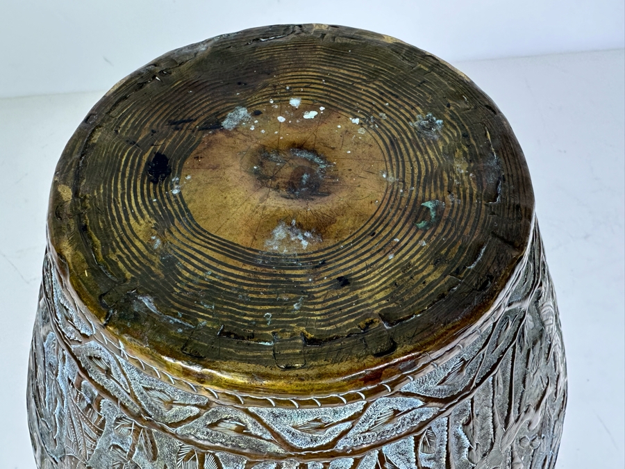 Large Islamic Middle Eastern Repousse Brass Vessel Pot With Pictorial Egyptian Scene Featuring Pyramids, Animals & People - See Photos 10'W X 9'H [Photo 23]