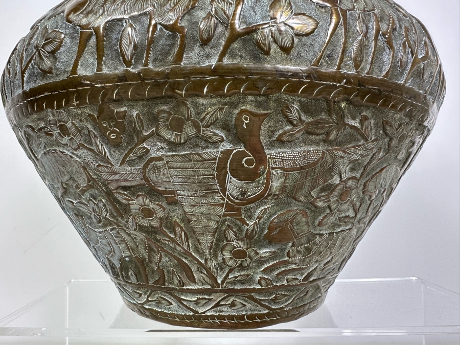 Large Islamic Middle Eastern Repousse Brass Vessel Pot With Pictorial Egyptian Scene Featuring Pyramids, Animals & People - See Photos 10'W X 9'H [Photo 19]