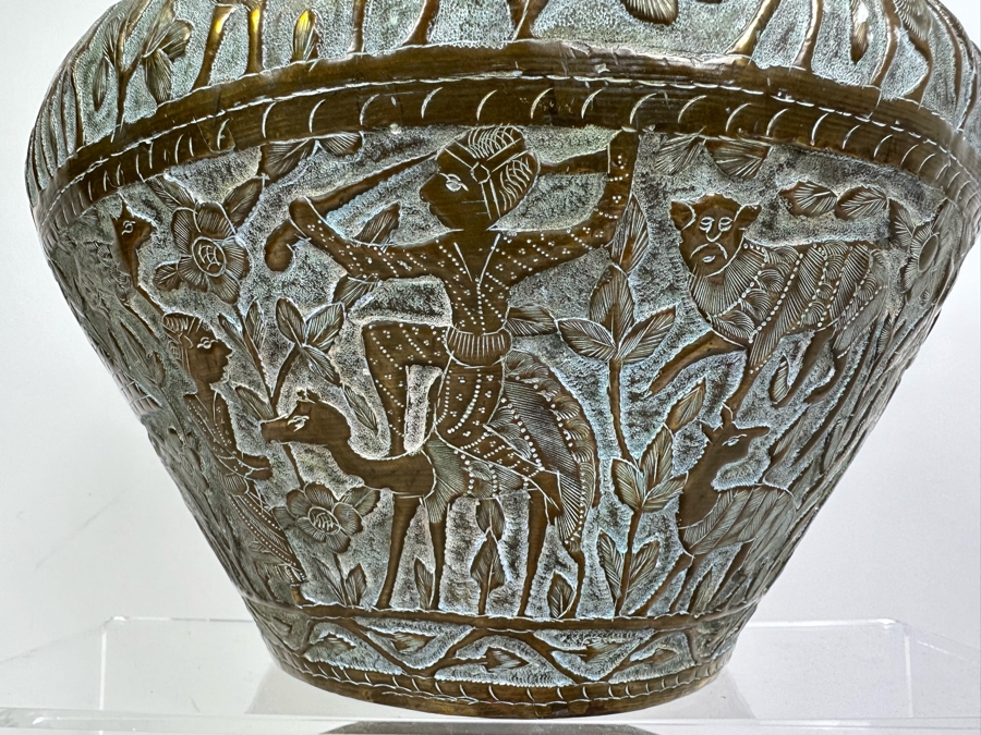 Large Islamic Middle Eastern Repousse Brass Vessel Pot With Pictorial Egyptian Scene Featuring Pyramids, Animals & People - See Photos 10'W X 9'H [Photo 13]