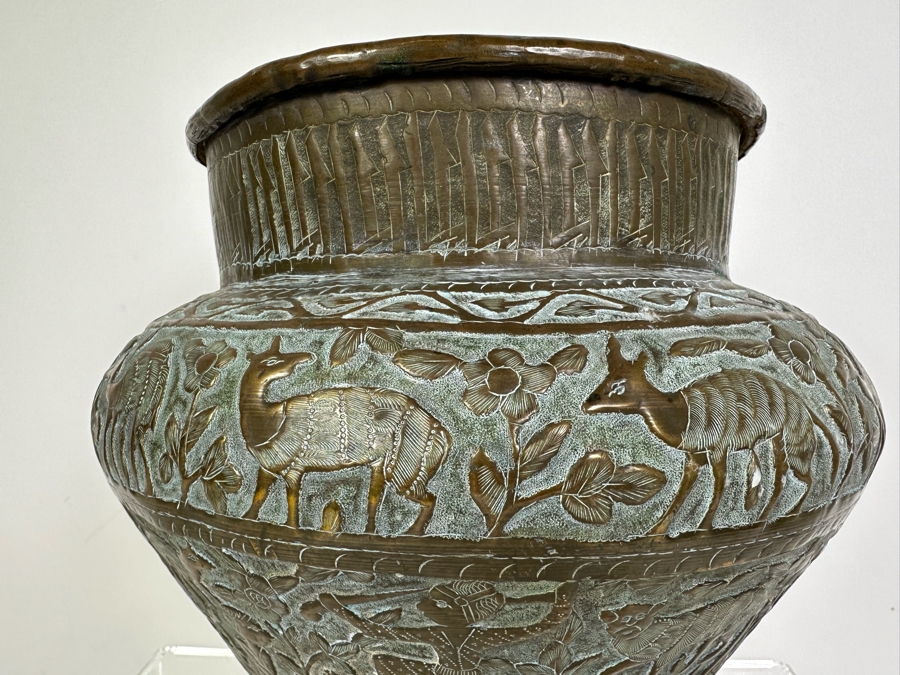 Large Islamic Middle Eastern Repousse Brass Vessel Pot With Pictorial Egyptian Scene Featuring Pyramids, Animals & People - See Photos 10'W X 9'H [Photo 14]