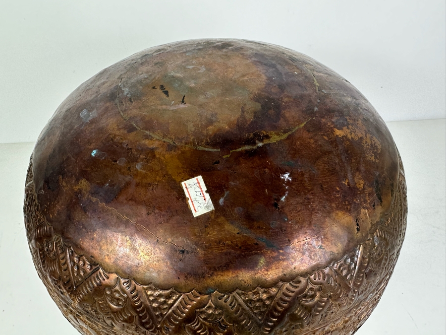 Vintage Heavy Middle Eastern Repousse Brass Copper Pot Vase With Floral Motif 12lbs 14'W X 12.5'H [Photo 9]