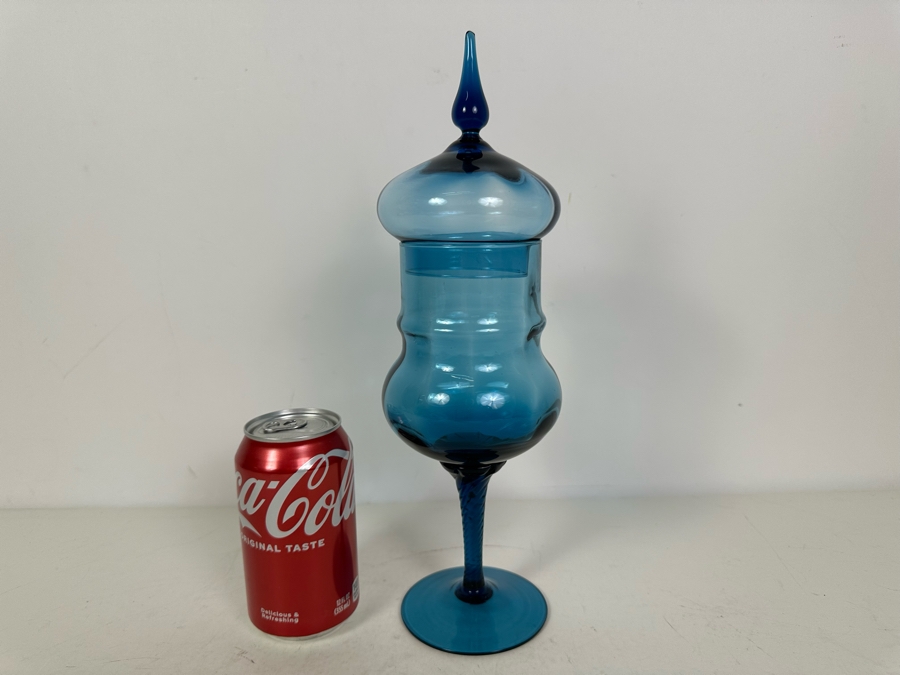 Vintage MCM Italian Empoli Art Glass Covered Candy Dish Blue Footed 13'H [Photo 2]
