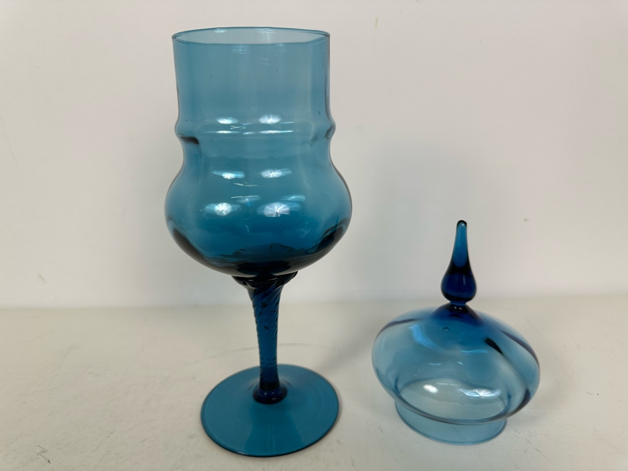 Vintage MCM Italian Empoli Art Glass Covered Candy Dish Blue Footed 13'H [Photo 3]