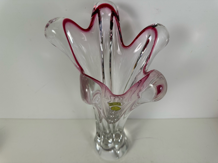 Stunning Egermann Czech Republic Bohemia Crystal Handmade Art Glass Vase Five Finger Swung Signed With Original Labels 15'H [Photo 4]