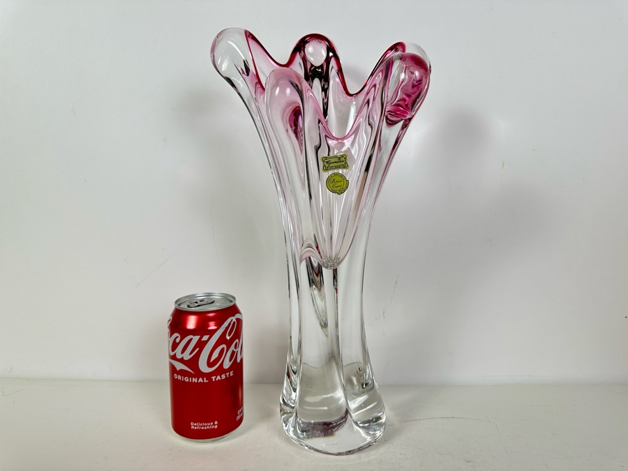 Stunning Egermann Czech Republic Bohemia Crystal Handmade Art Glass Vase Five Finger Swung Signed With Original Labels 15'H [Photo 2]