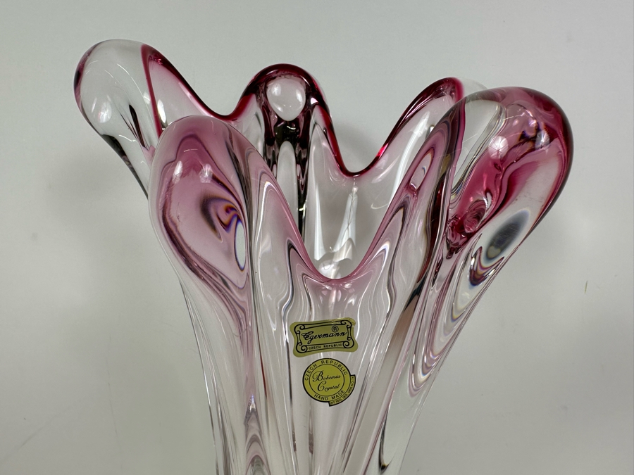 Stunning Egermann Czech Republic Bohemia Crystal Handmade Art Glass Vase Five Finger Swung Signed With Original Labels 15'H [Photo 3]