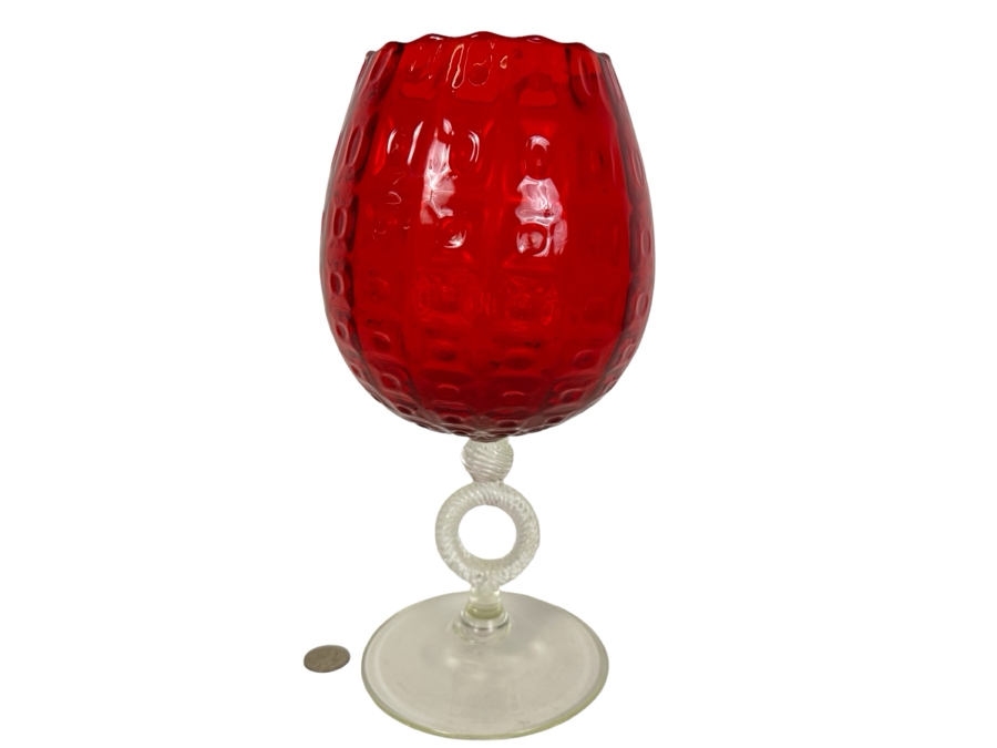 Stunning Vintage MCM Italian Empoli Glass Pedestal Vase Brandy Snifter Red 12'H