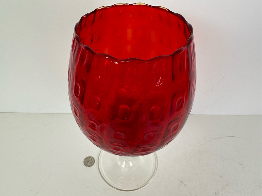 Stunning Vintage MCM Italian Empoli Glass Pedestal Vase Brandy Snifter Red 12'H [Photo 3]