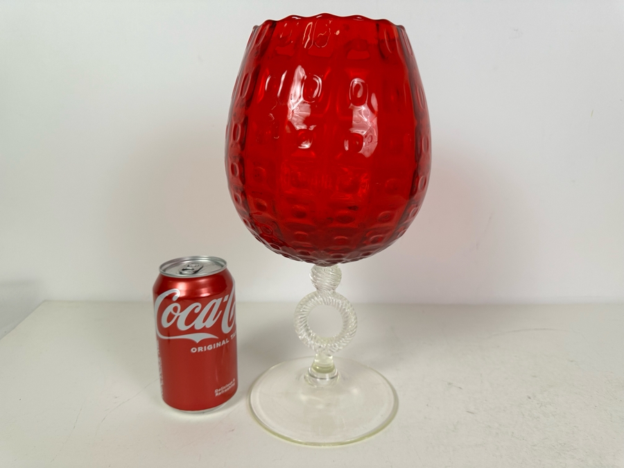 Stunning Vintage MCM Italian Empoli Glass Pedestal Vase Brandy Snifter Red 12'H [Photo 7]