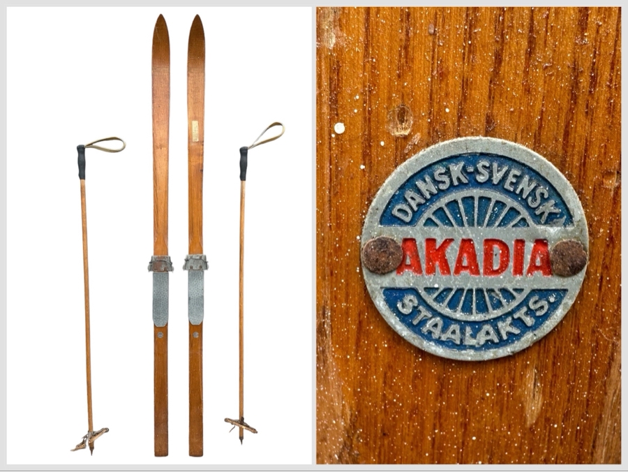 Pair Of Vintage Swedish Wooden Skis By Akadia Dansk-Svensk Staalakts 72'L And Pair Of Wooden Ski Poles