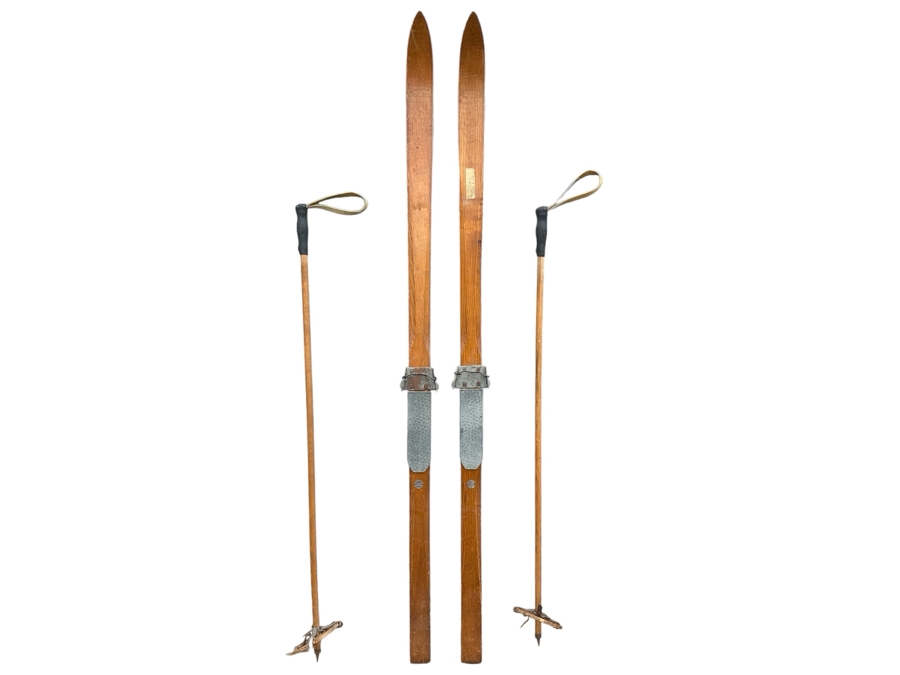 Pair Of Vintage Swedish Wooden Skis By Akadia Dansk-Svensk Staalakts 72'L And Pair Of Wooden Ski Poles [Photo 2]