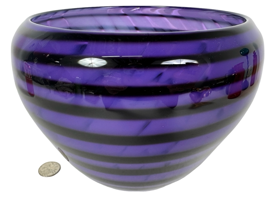 Artist Signed Studio Art Glass Bowl Purple & Black 6.5'H